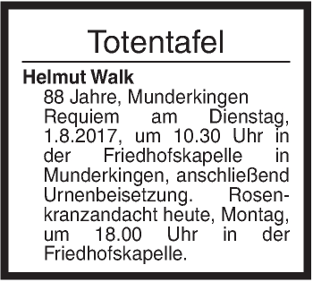 Traueranzeige von Totentafel vom 31.07.2017 von Ehinger Tagblatt