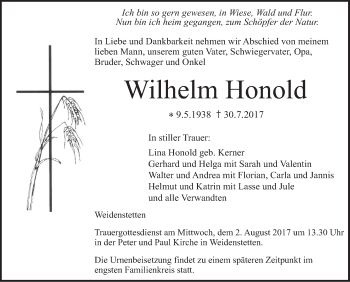 Traueranzeige von Wilhelm Honold von Südwest Presse