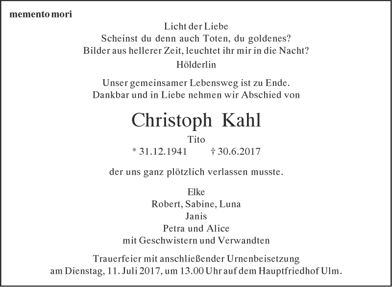 Traueranzeigen Von Christoph Kahl Sudwest Presse Trauer