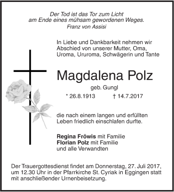 Traueranzeige von Magdalena Polz von Südwest Presse