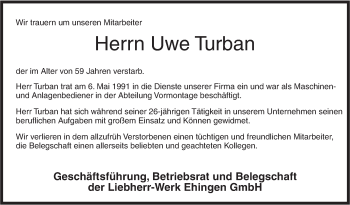 Traueranzeige von Uwe Turban von Ehinger Tagblatt