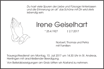 Traueranzeige von Irene Geiselhart von Südwest Presse