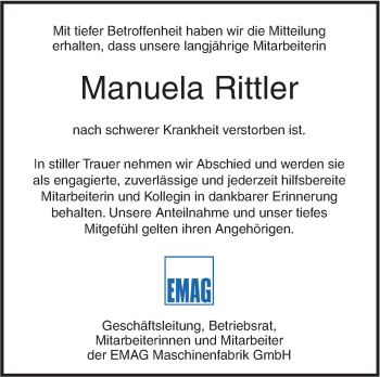 Traueranzeige von Manuela Rittler von Südwest Presse