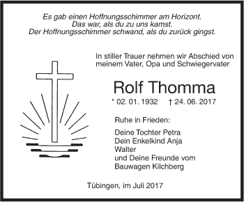 Traueranzeige von Rolf Thomma von Ehinger Tagblatt