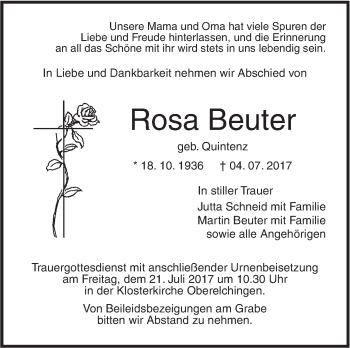 Traueranzeige von Rosa Beuter von Südwest Presse