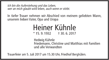 Traueranzeige von Heiner Kühnle von Südwest Presse