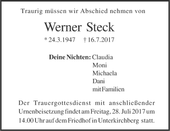 Traueranzeige von Werner Steck von Südwest Presse