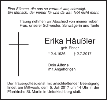 Traueranzeige von Erika Häußler von Südwest Presse