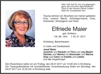 Traueranzeige von Elfriede Maier von Illertal Bote