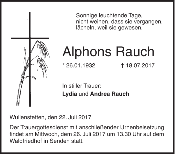 Traueranzeige von Alphons Rauch von Südwest Presse