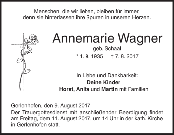 Traueranzeige von Annemarie Wagner von Südwest Presse