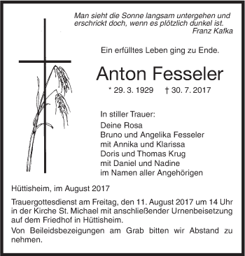 Traueranzeige von Anton Fesseler von Südwest Presse