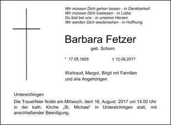 Traueranzeige von Barbara Fetzer von Südwest Presse