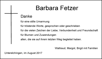 Traueranzeige von Barbara Fetzer von Südwest Presse