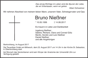 Traueranzeige von Bruno Nießner von Südwest Presse