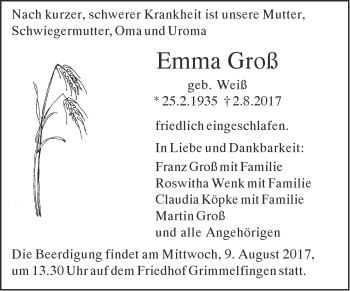 Traueranzeige von Emma Groß von Südwest Presse