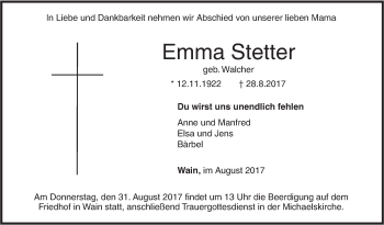 Traueranzeige von Emma Stetter von Illertal Bote