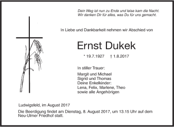 Traueranzeige von Ernst Dukek von Südwest Presse