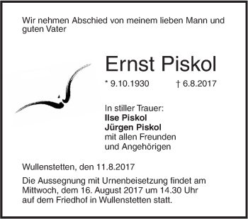 Traueranzeige von Ernst Piskol von Südwest Presse