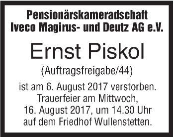 Traueranzeige von Ernst Piskol von Südwest Presse