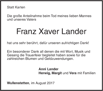 Traueranzeige von Franz Xaver Lander von Südwest Presse