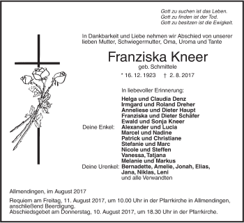 Traueranzeige von Franziska Kneer von Ehinger Tagblatt