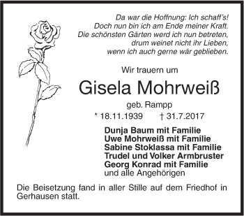 Traueranzeige von Gisela Mohrweiß von Südwest Presse