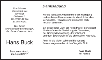 Traueranzeige von Hans Buck von Südwest Presse