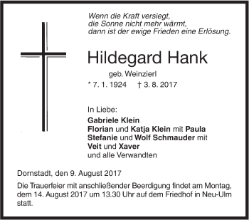 Traueranzeige von Hildegard Hank von Südwest Presse