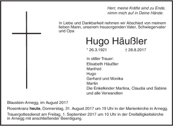 Traueranzeige von Hugo Häußler von Südwest Presse