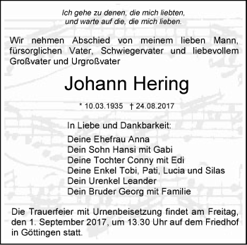 Traueranzeige von Johann Hering von Südwest Presse