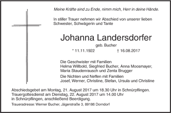 Traueranzeige von Johanna Landersdorfer von Südwest Presse