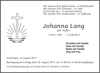 Traueranzeige von Johanna Lang von Südwest Presse