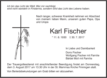 Traueranzeige von Karl Fischer von Südwest Presse