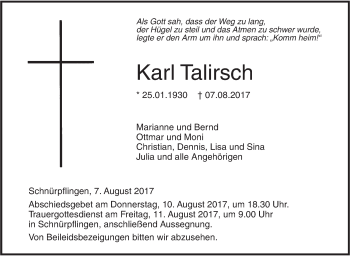 Traueranzeige von Karl Talirsch von Südwest Presse