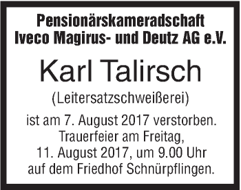 Traueranzeige von Karl Talirsch von Südwest Presse