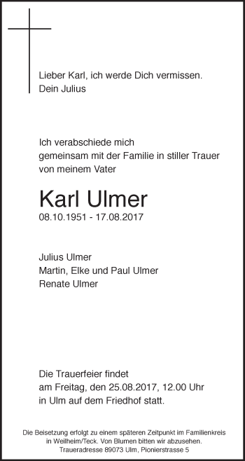 Traueranzeige von Karl Ulmer von Südwest Presse