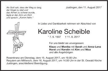 Traueranzeige von Karoline Scheible von Ehinger Tagblatt