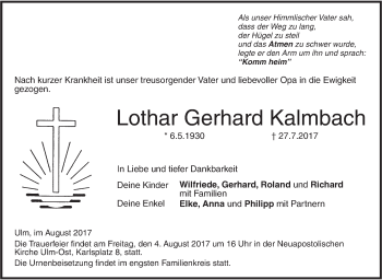 Traueranzeige von Lothar Gerhard Kalmbach von Südwest Presse