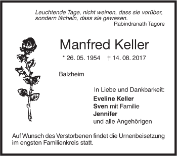 Traueranzeige von Manfred Keller von Illertal Bote