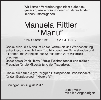 Traueranzeige von Manuela Rittler von Südwest Presse