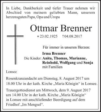 Traueranzeige von Ottmar Brenner von Südwest Presse