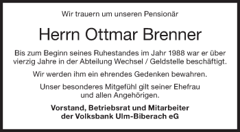 Traueranzeige von Ottmar Brenner von Südwest Presse