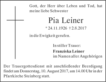 Traueranzeige von Pia Leiner von Südwest Presse