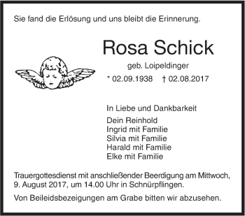 Traueranzeige von Rosa Schick von Südwest Presse