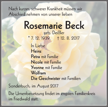 Traueranzeige von Rosemarie Beck von Südwest Presse