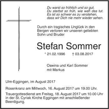 Traueranzeige von Stefan Sommer von Südwest Presse