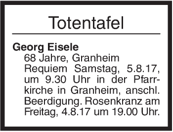 Traueranzeige von Totentafel vom 03.08.2017 von Ehinger Tagblatt