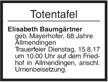 Traueranzeige von Totentafel vom 11.08.2017 von Ehinger Tagblatt