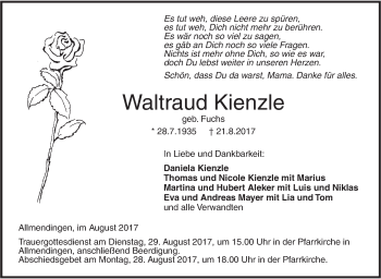 Traueranzeige von Waltraud Kienzle von Ehinger Tagblatt